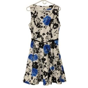 Grace Karin Womens Floral Fit and Flare Dress Blue White Black Belted XL Skater